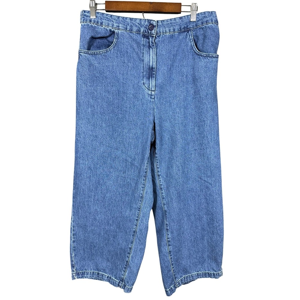 Zara Women XL Blue Denim Wide Leg Culottes High Rise Elastic Waist Cropped Pants